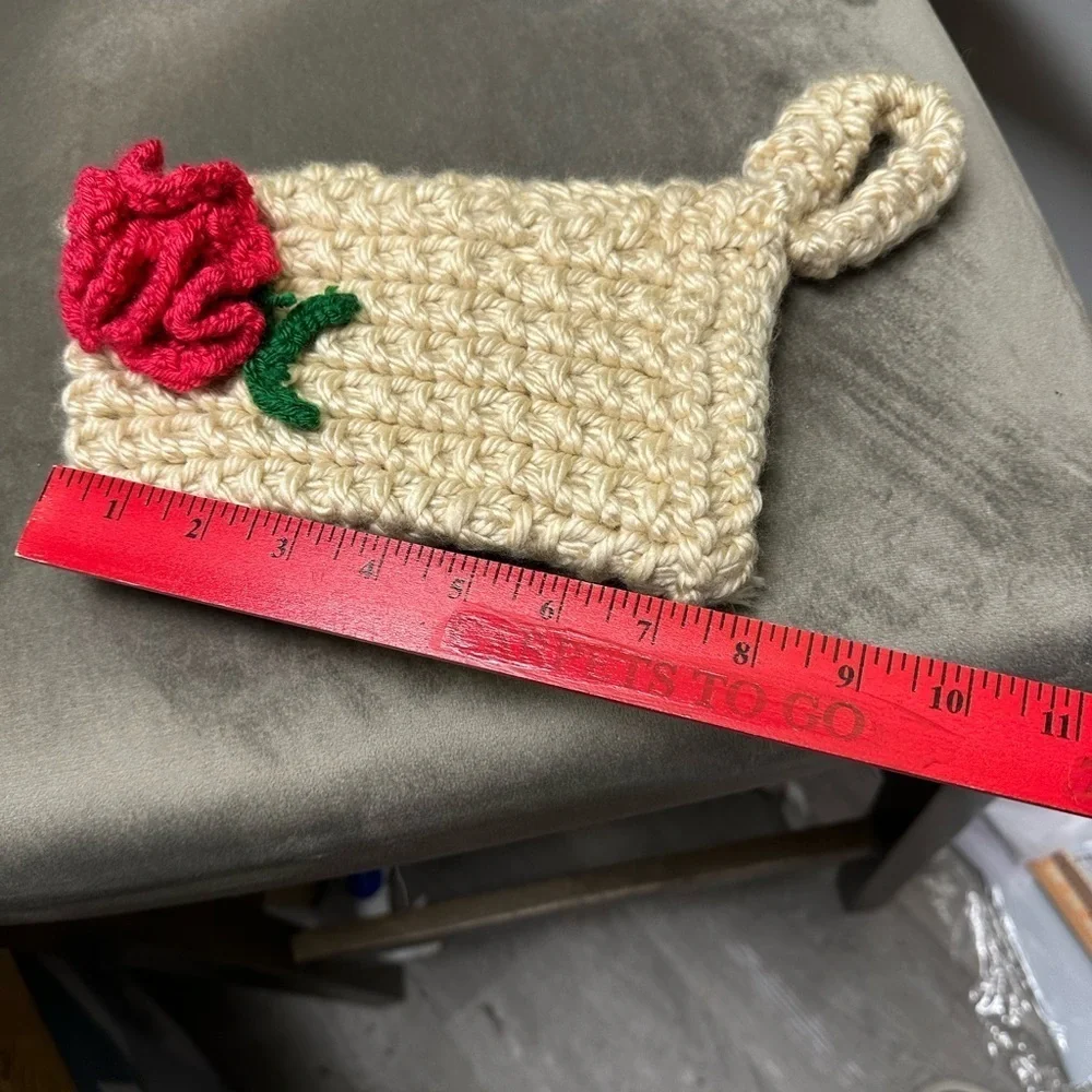 Handcrafted Cream Crochet Pouch with Red Flower
